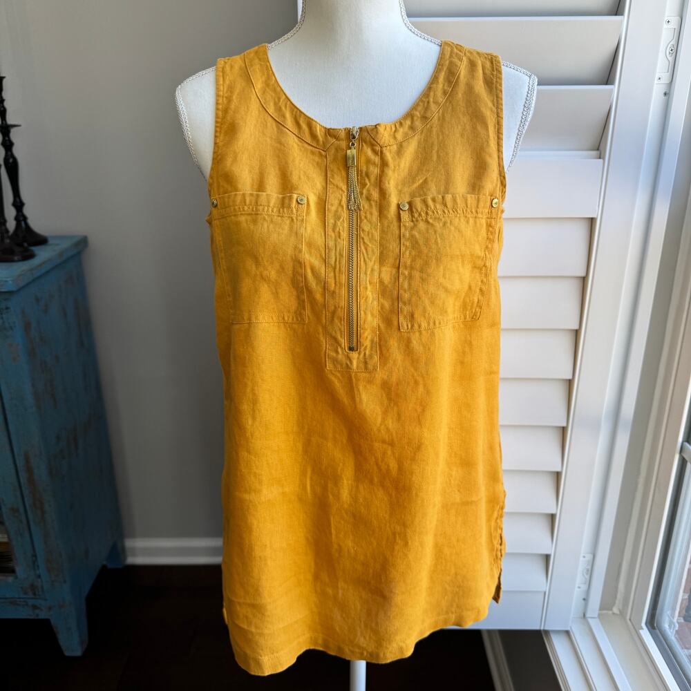 ELLEN TRACY Mustard Yellow 100% Linen Zip Tank Top Womens S Tunic
